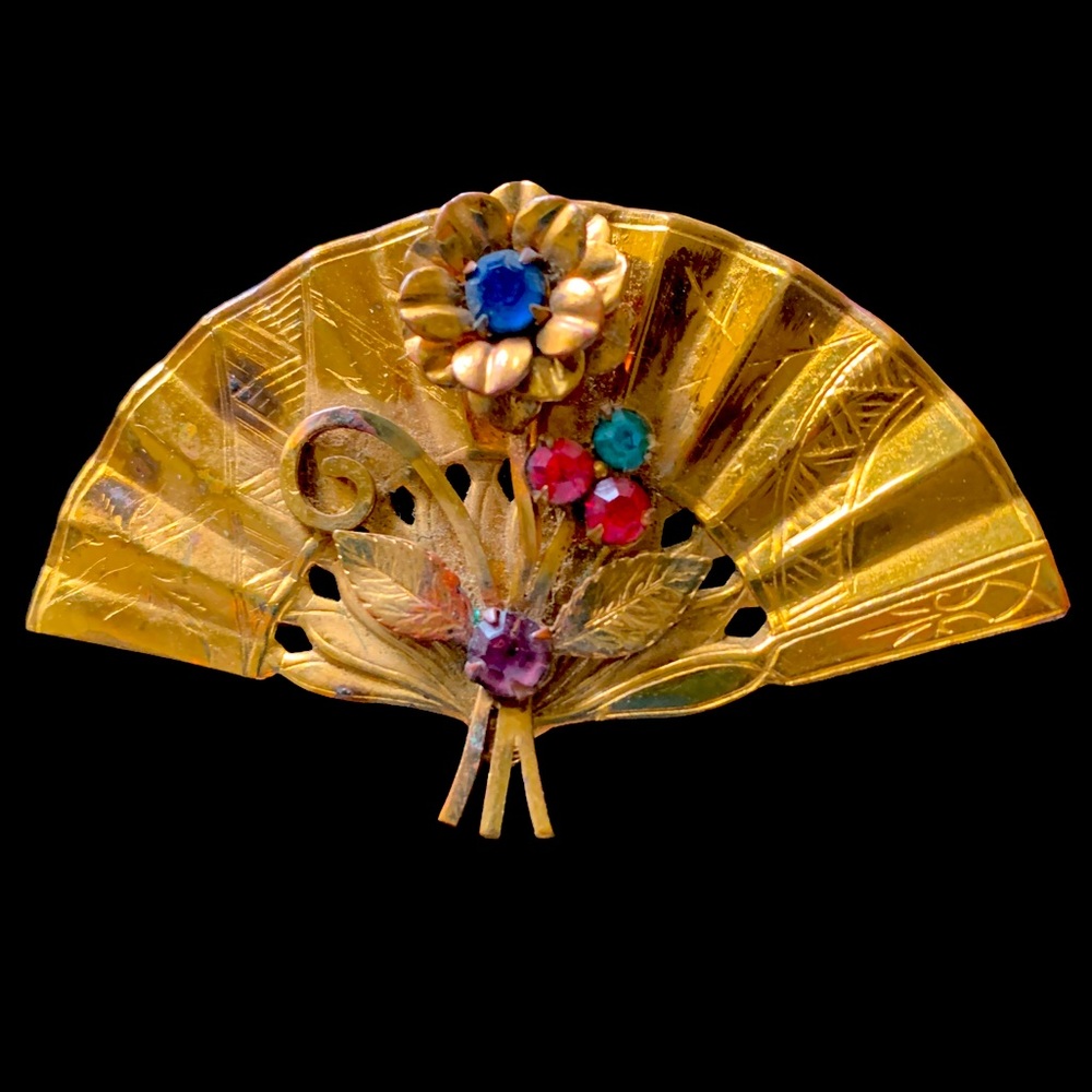 Vintage Coro  fan aurora borealis gold tone brooch pin